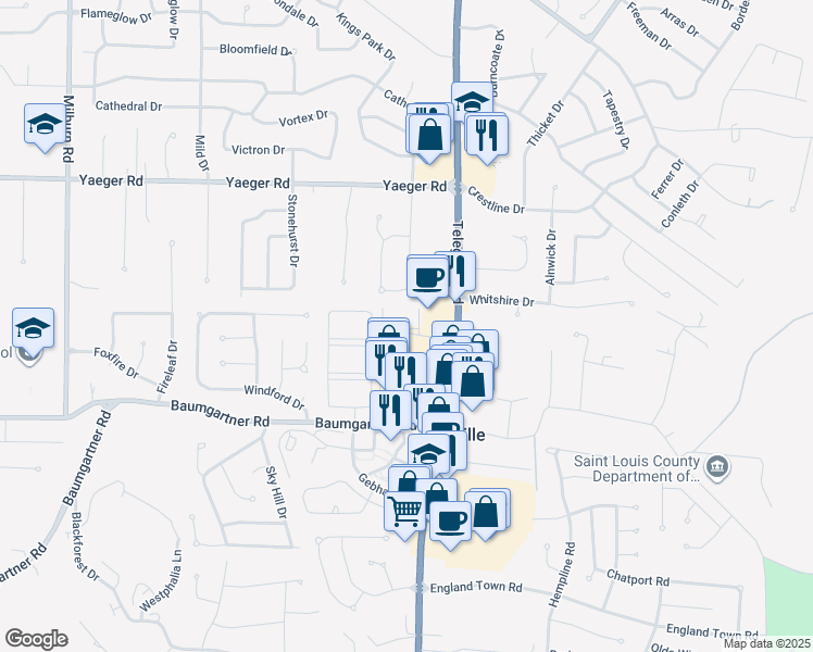 map of restaurants, bars, coffee shops, grocery stores, and more near 2546 Coppergate Square Drive in St. Louis