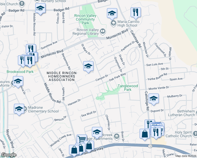 map of restaurants, bars, coffee shops, grocery stores, and more near 4965 Canyon Drive in Santa Rosa