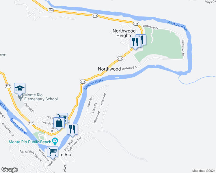 map of restaurants, bars, coffee shops, grocery stores, and more near 20055 River Boulevard in Monte Rio