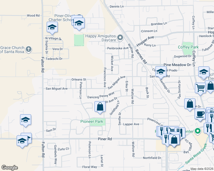map of restaurants, bars, coffee shops, grocery stores, and more near 2178 Francisco Avenue in Santa Rosa