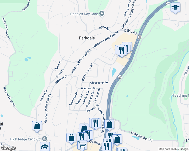 map of restaurants, bars, coffee shops, grocery stores, and more near 5409 Nantucket Court in High Ridge