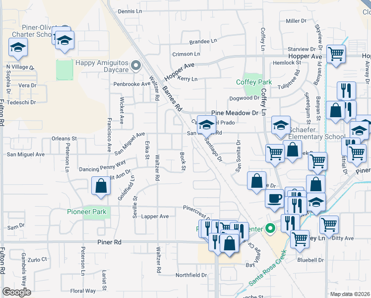 map of restaurants, bars, coffee shops, grocery stores, and more near 2166 Bock Street in Santa Rosa