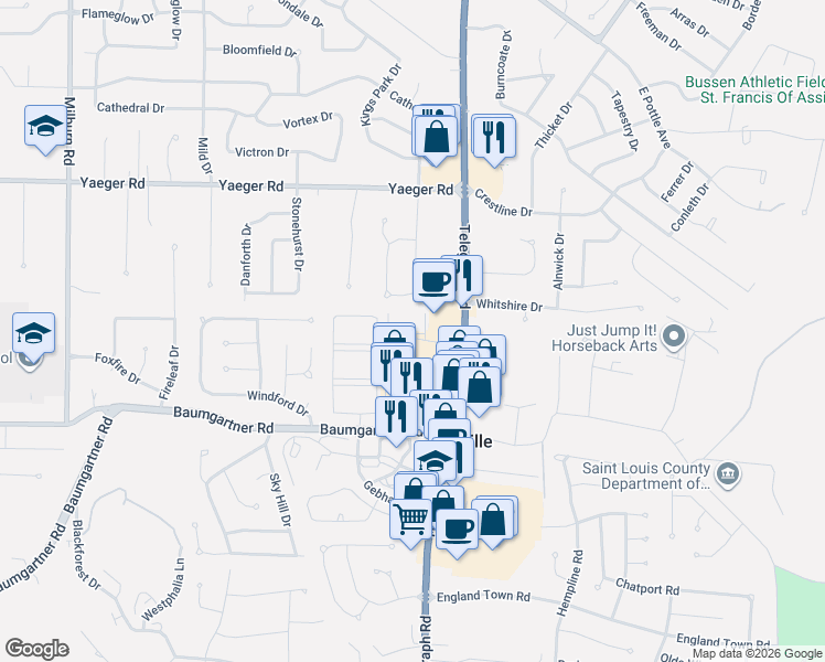 map of restaurants, bars, coffee shops, grocery stores, and more near 2530 Coppergate Square Drive in St. Louis