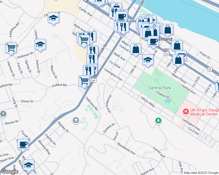 map of restaurants, bars, coffee shops, grocery stores, and more near 1500 Chestnut Drive in Ashland