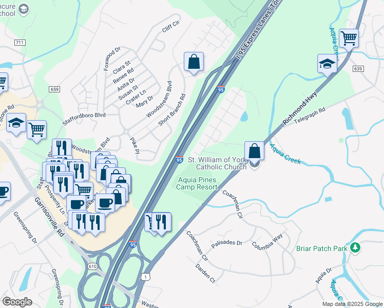 map of restaurants, bars, coffee shops, grocery stores, and more near 111 Coral Reef Court in Stafford