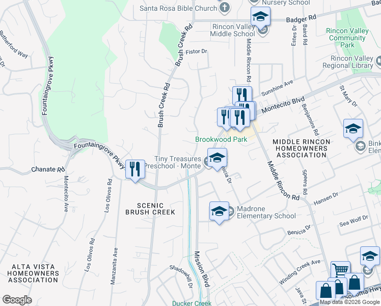 map of restaurants, bars, coffee shops, grocery stores, and more near 2321 Stonegate Court in Santa Rosa