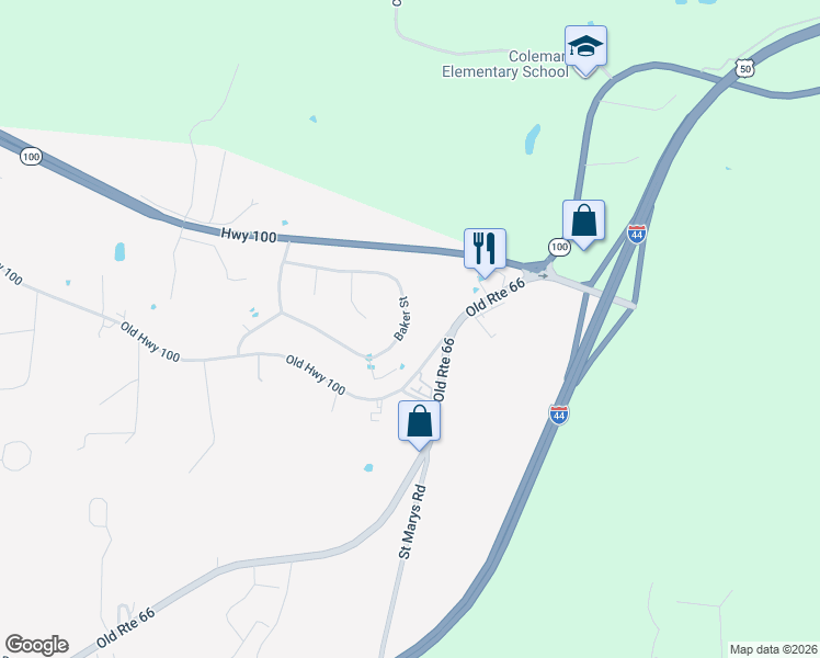 map of restaurants, bars, coffee shops, grocery stores, and more near 206 Baker Street in Villa Ridge