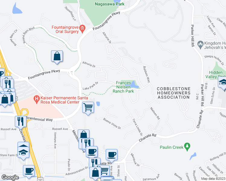 map of restaurants, bars, coffee shops, grocery stores, and more near 3434 Terra Linda Drive in Santa Rosa