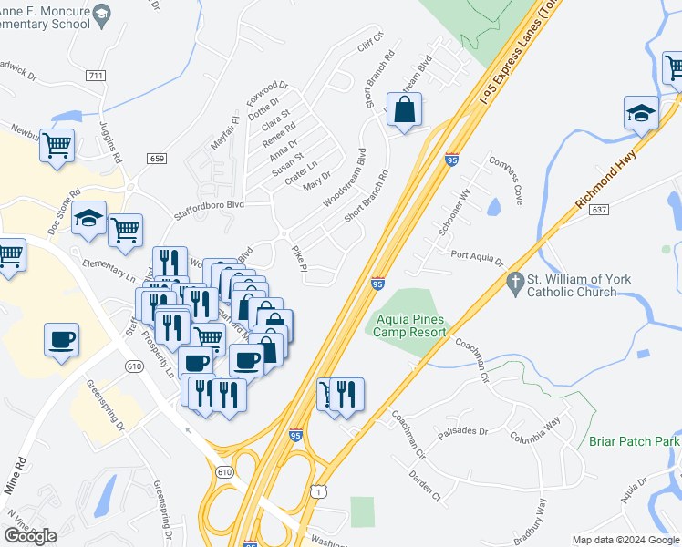 map of restaurants, bars, coffee shops, grocery stores, and more near 52 Hunting Creek Lane in Stafford