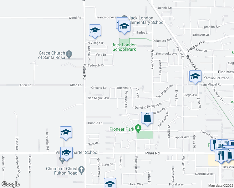 map of restaurants, bars, coffee shops, grocery stores, and more near 2218 Versailles Street in Santa Rosa