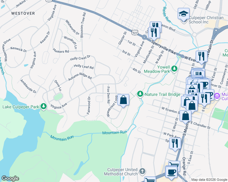 map of restaurants, bars, coffee shops, grocery stores, and more near 798 Prosperity Road in Culpeper