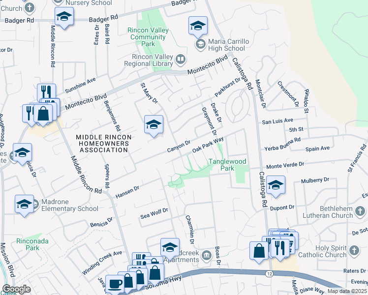 map of restaurants, bars, coffee shops, grocery stores, and more near 4984 Canyon Drive in Santa Rosa