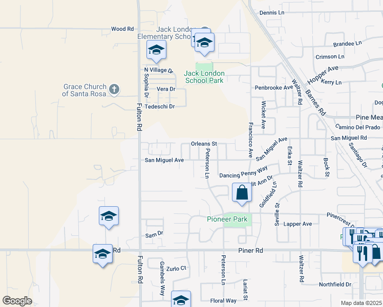 map of restaurants, bars, coffee shops, grocery stores, and more near 2220 Versailles Street in Santa Rosa