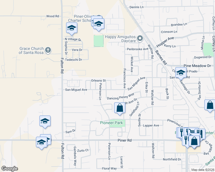 map of restaurants, bars, coffee shops, grocery stores, and more near 2308 Dancing Penny Way in Santa Rosa