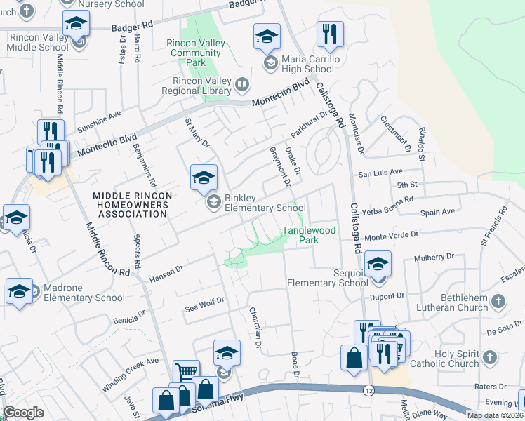 map of restaurants, bars, coffee shops, grocery stores, and more near 5029 Oak Park Way in Santa Rosa