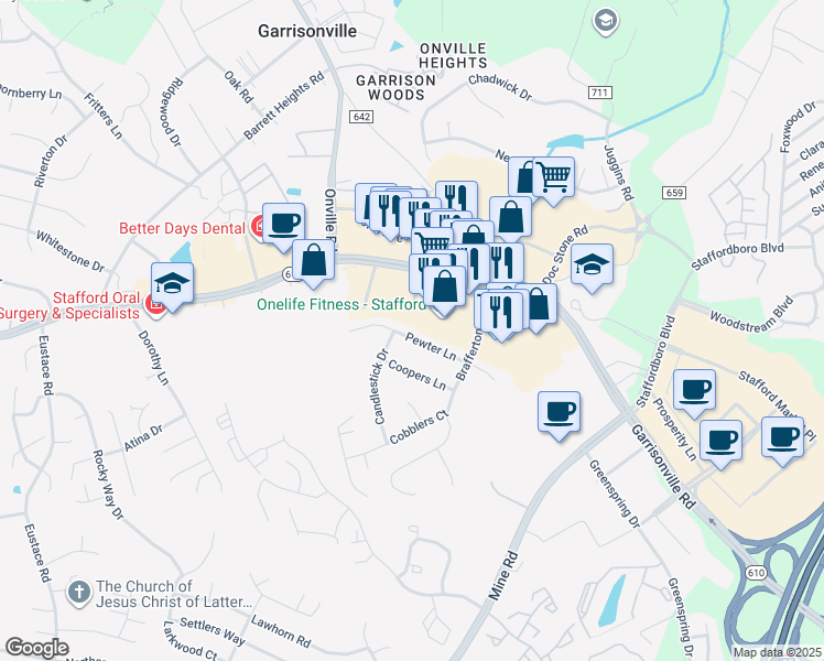 map of restaurants, bars, coffee shops, grocery stores, and more near 115 Pewter Lane in Stafford