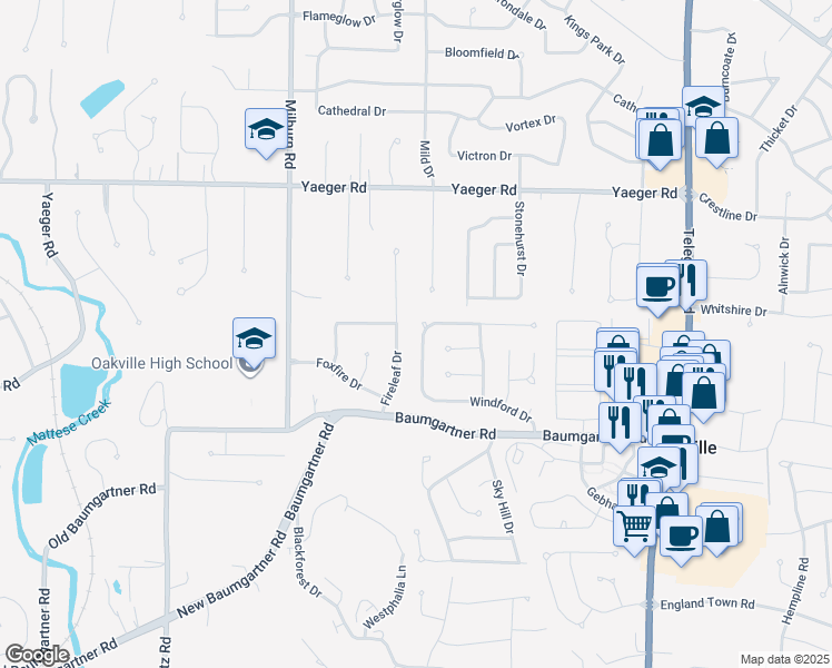 map of restaurants, bars, coffee shops, grocery stores, and more near 5515 Windford Drive in Saint Louis