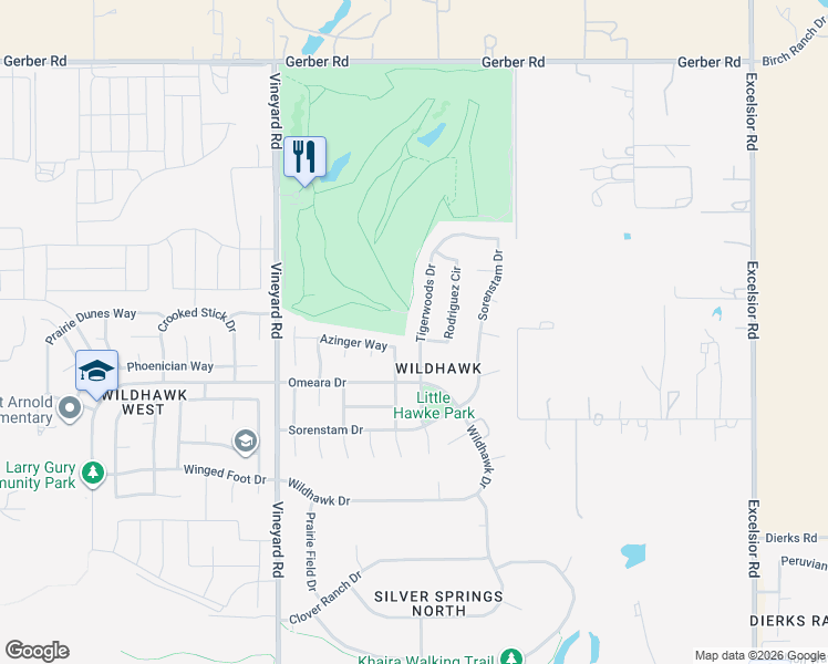 map of restaurants, bars, coffee shops, grocery stores, and more near 7840 Tigerwoods Dr in Sacramento