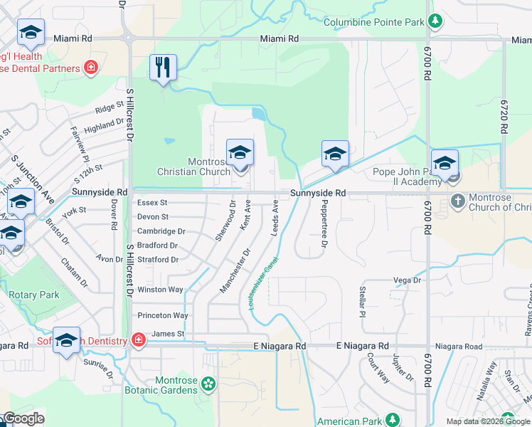 map of restaurants, bars, coffee shops, grocery stores, and more near 1229 Manchester Drive in Montrose