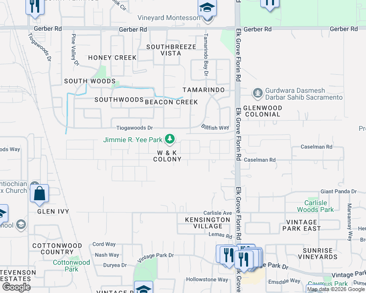 map of restaurants, bars, coffee shops, grocery stores, and more near 7740 Finnhorse Way in Sacramento