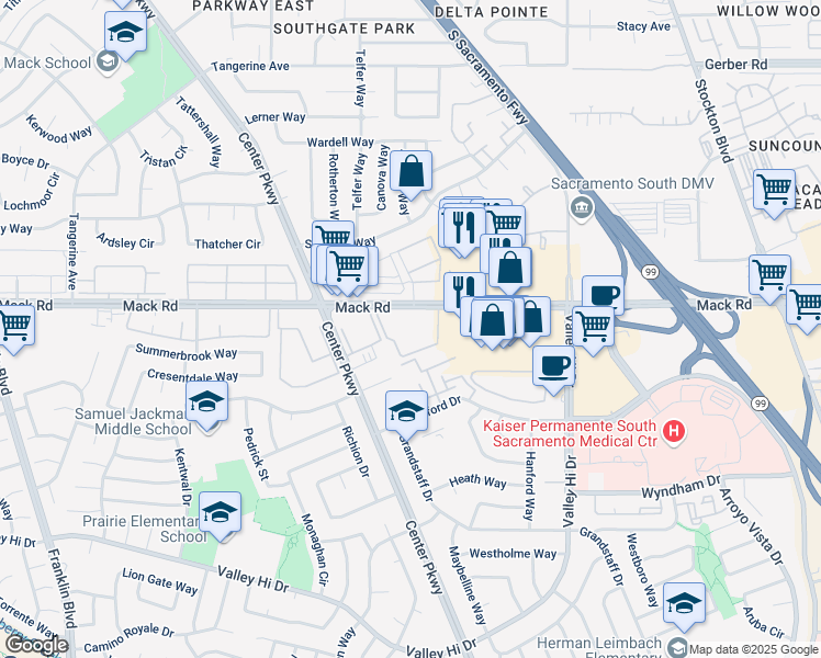 map of restaurants, bars, coffee shops, grocery stores, and more near 5500 Mack Road in Sacramento