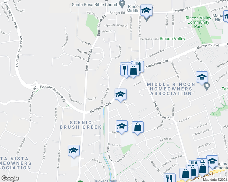 map of restaurants, bars, coffee shops, grocery stores, and more near 6221 Montecito Boulevard in Santa Rosa