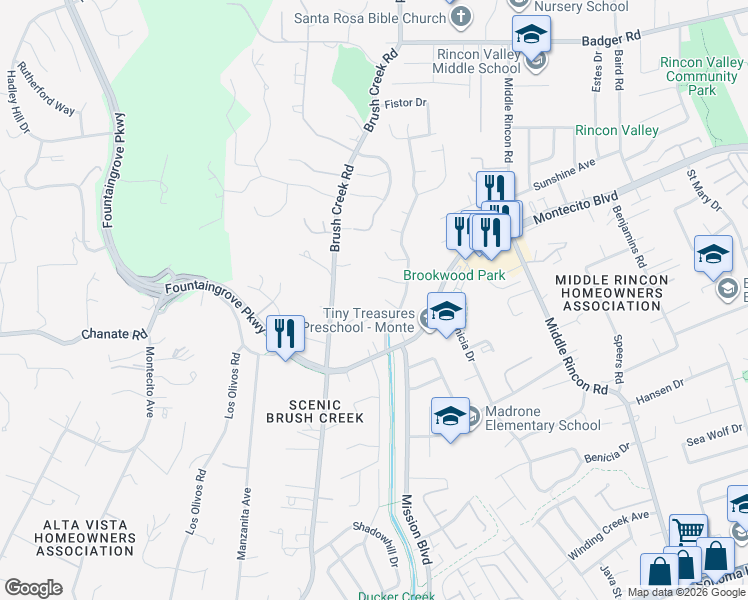 map of restaurants, bars, coffee shops, grocery stores, and more near 2321 Stonegate Court in Santa Rosa
