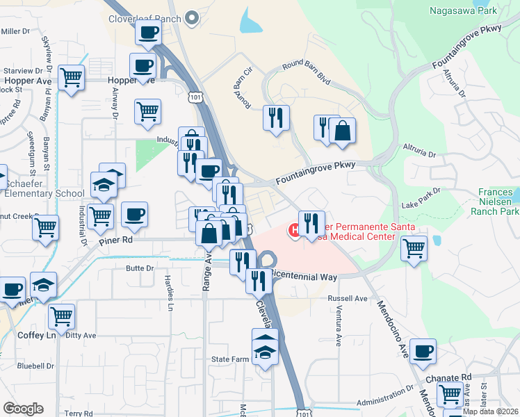 map of restaurants, bars, coffee shops, grocery stores, and more near 451 Columbia Street in Santa Rosa