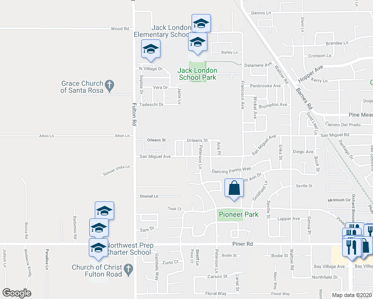 map of restaurants, bars, coffee shops, grocery stores, and more near 2222 Saint Chapelle Street in Santa Rosa