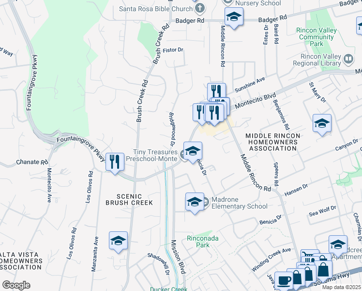 map of restaurants, bars, coffee shops, grocery stores, and more near 6221 Montecito Boulevard in Santa Rosa