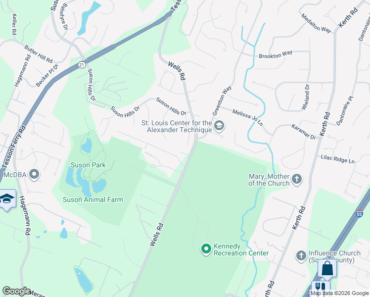 map of restaurants, bars, coffee shops, grocery stores, and more near 5974 Ponderosa Court in St. Louis