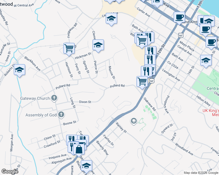 map of restaurants, bars, coffee shops, grocery stores, and more near 598 Pollard Road in Ashland