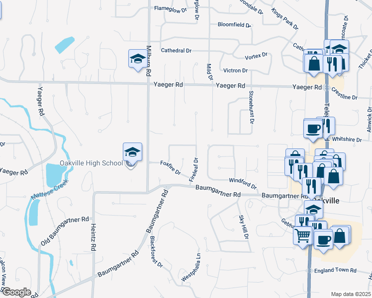 map of restaurants, bars, coffee shops, grocery stores, and more near 2810 Springridge Drive in Saint Louis