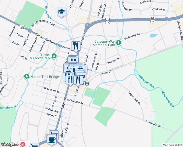 map of restaurants, bars, coffee shops, grocery stores, and more near 209 Commerce Street in Culpeper