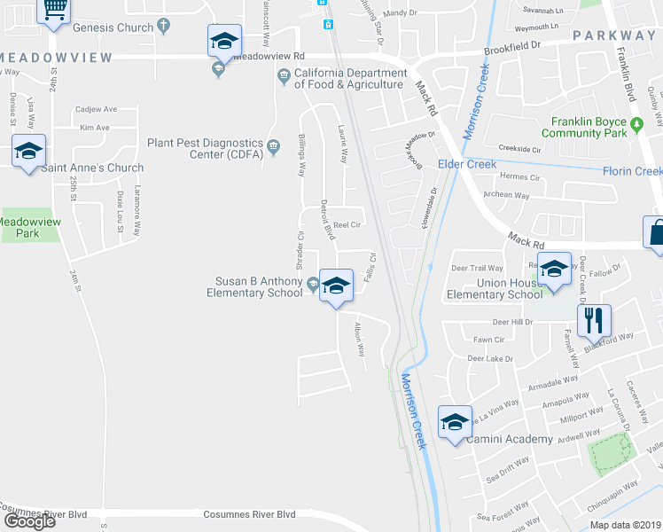 map of restaurants, bars, coffee shops, grocery stores, and more near 7818 Detroit Boulevard in Sacramento
