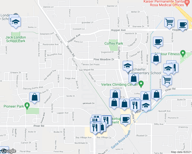 map of restaurants, bars, coffee shops, grocery stores, and more near 1946 San Marcos Drive in Santa Rosa