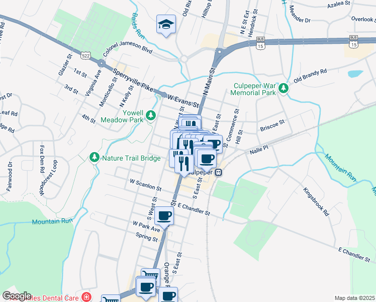 map of restaurants, bars, coffee shops, grocery stores, and more near 134 North Main Street in Culpeper
