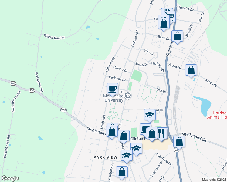 map of restaurants, bars, coffee shops, grocery stores, and more near 1381 College Avenue in Harrisonburg