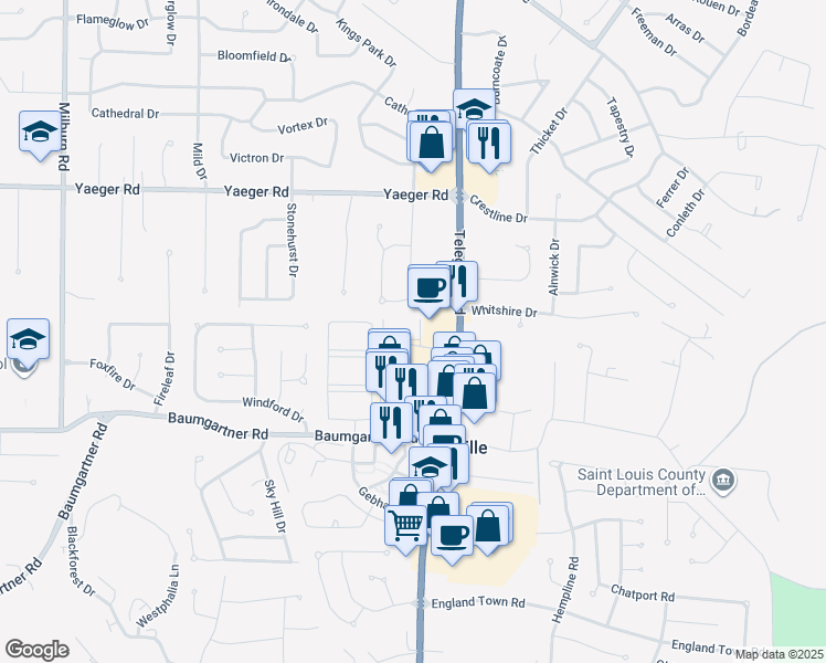 map of restaurants, bars, coffee shops, grocery stores, and more near 2530 Coppergate Square Drive in St. Louis