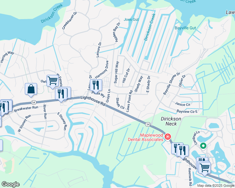 map of restaurants, bars, coffee shops, grocery stores, and more near 37665 West Shady Drive in Selbyville