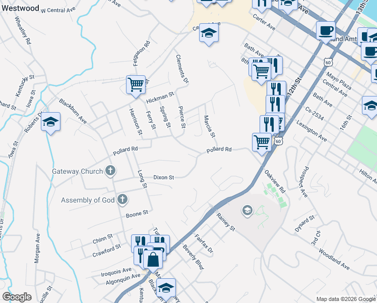 map of restaurants, bars, coffee shops, grocery stores, and more near 504 Pollard Road in Ashland