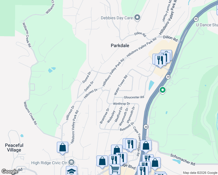 map of restaurants, bars, coffee shops, grocery stores, and more near 2401 Cambridge Road in High Ridge