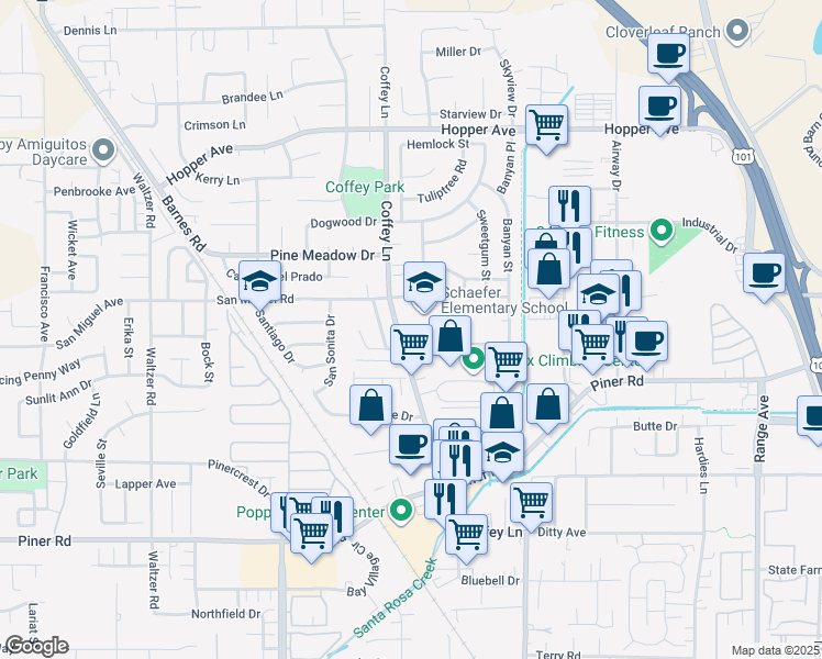 map of restaurants, bars, coffee shops, grocery stores, and more near 3450 Coffey Lane in Santa Rosa