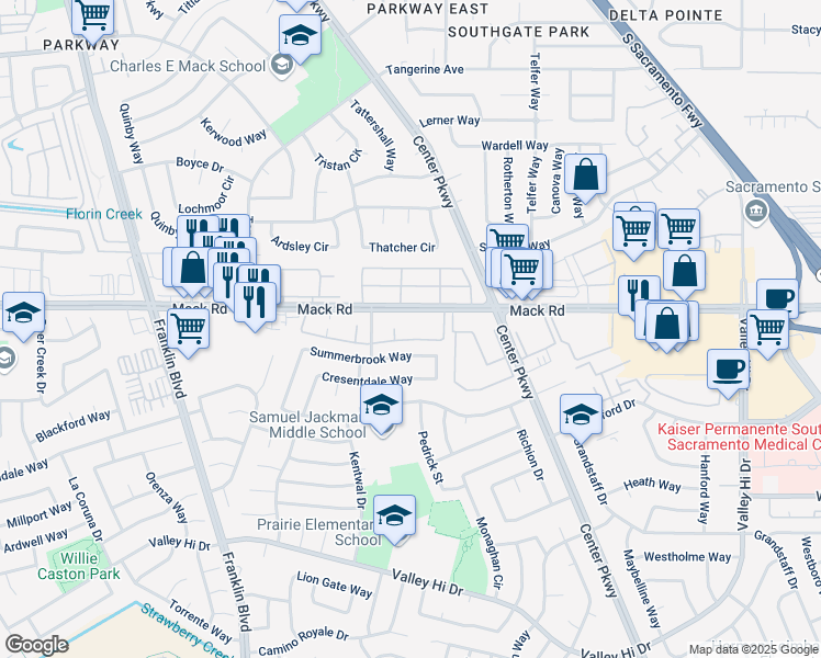map of restaurants, bars, coffee shops, grocery stores, and more near 5152 Mack Road in Sacramento