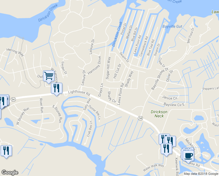 map of restaurants, bars, coffee shops, grocery stores, and more near West Shady Drive in Selbyville