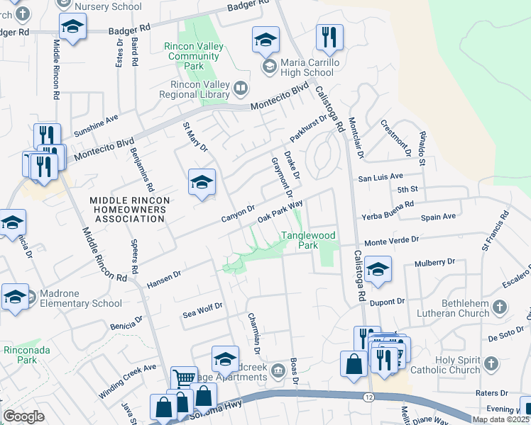 map of restaurants, bars, coffee shops, grocery stores, and more near 5037 Oak Park Way in Santa Rosa