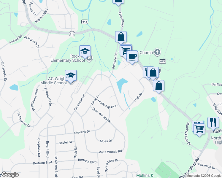 map of restaurants, bars, coffee shops, grocery stores, and more near 120 Choptank Road in Stafford