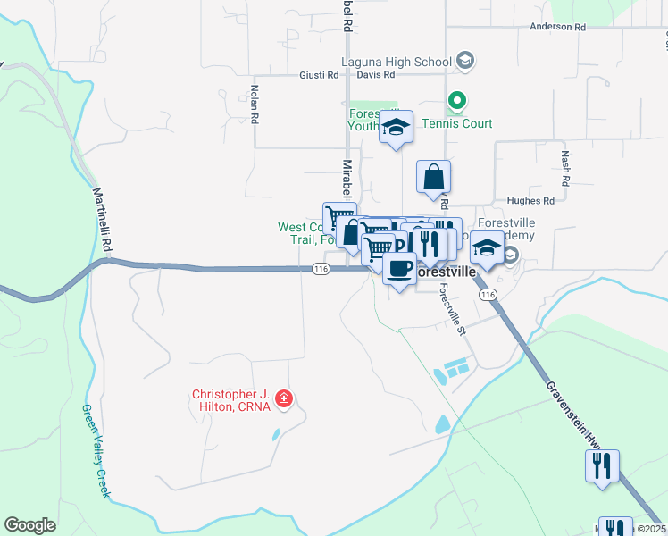 map of restaurants, bars, coffee shops, grocery stores, and more near 6321 California 116 in Forestville