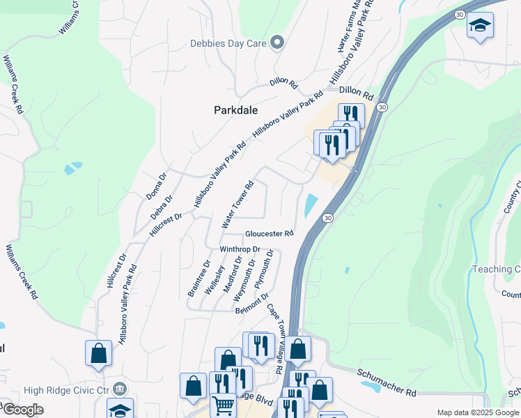 map of restaurants, bars, coffee shops, grocery stores, and more near 5409 Nantucket Court in High Ridge