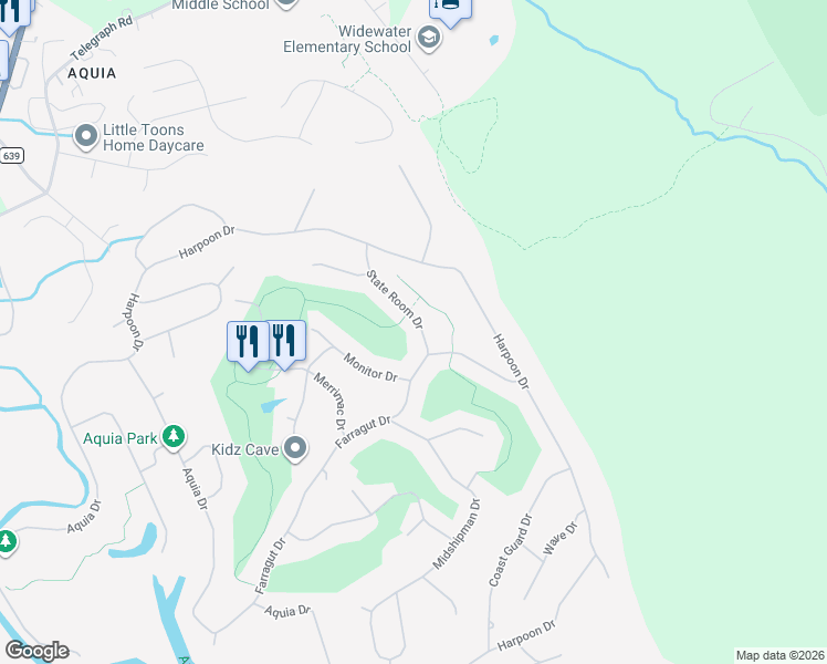 map of restaurants, bars, coffee shops, grocery stores, and more near 2021 State Room Drive in Stafford